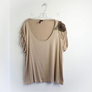 Susan Lawrence plus size blouse 3X cool brown applique soft stretch embellished